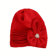 Red Pleated Turban Cap Hijab Hat with Bow