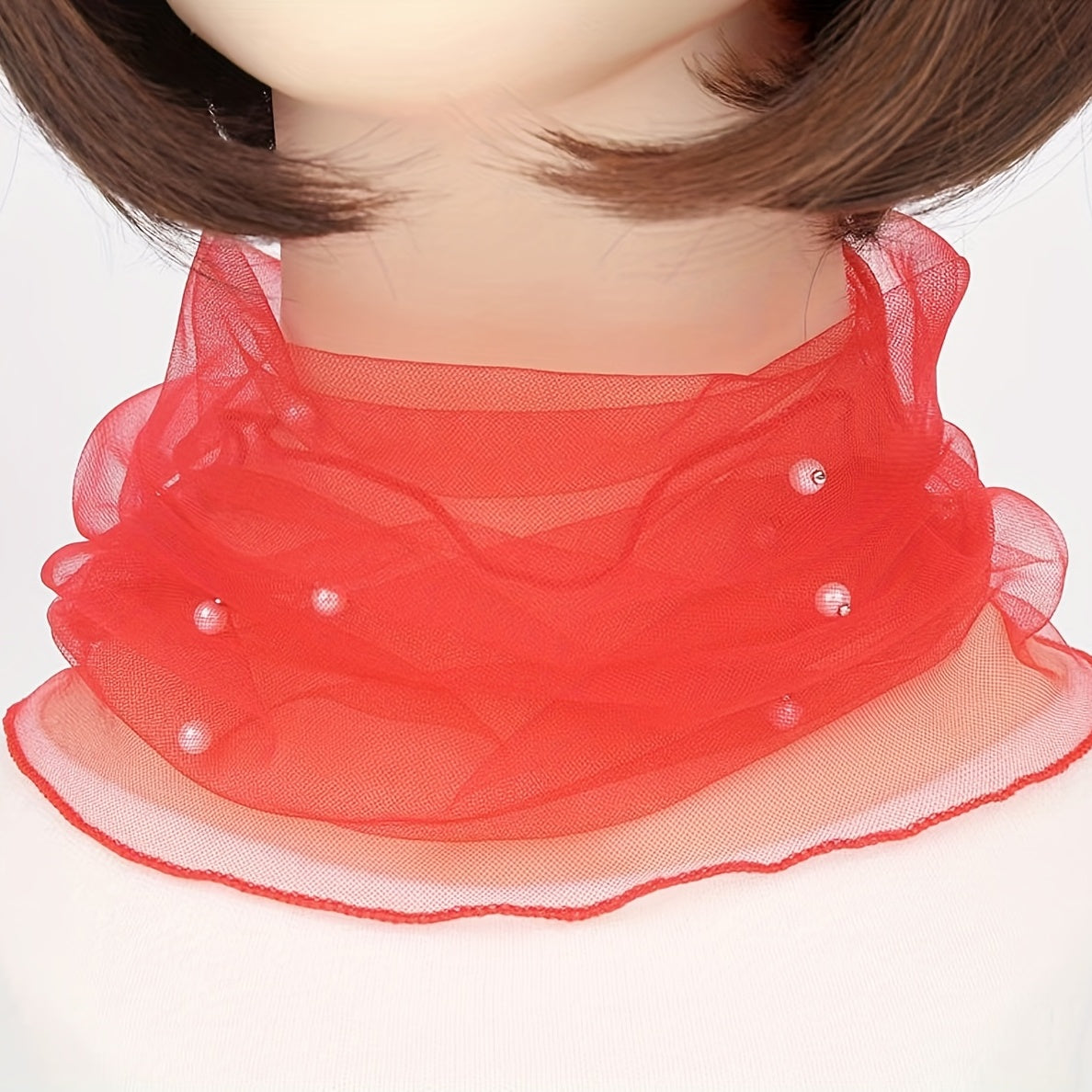 Faux Pearl Scarf Neckerchief Lightweight Gauze Infinity Scarf