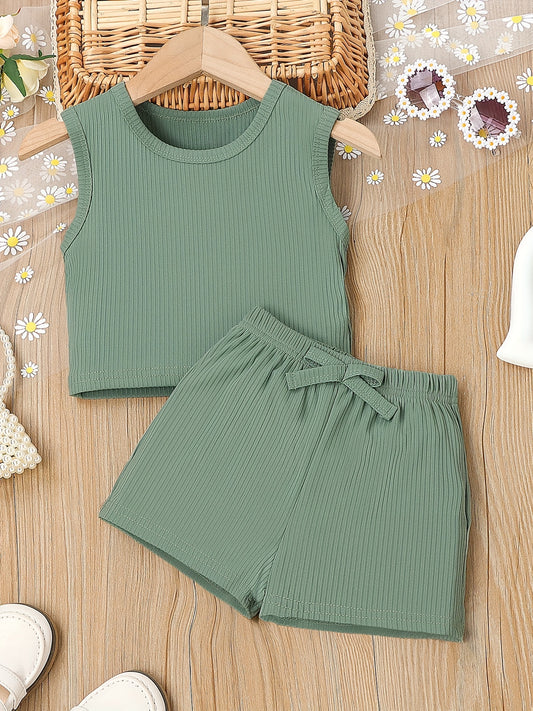 2pcs Toddler Girls Ribbed Knit Tank Top & Bow Front Shorts Set