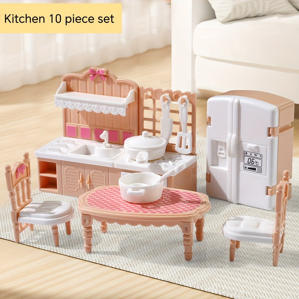 10pcs Mini Dollhouse Kitchen Set - Simulation Kitchenware Fridge Stove Table