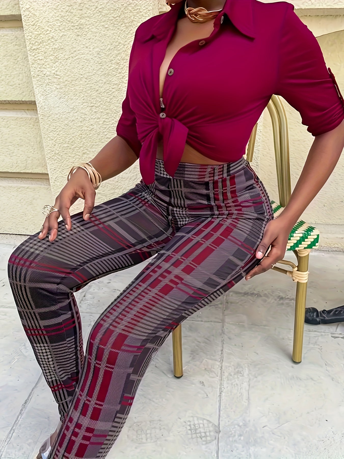  Plaid Print High Rise Skinny Trousers