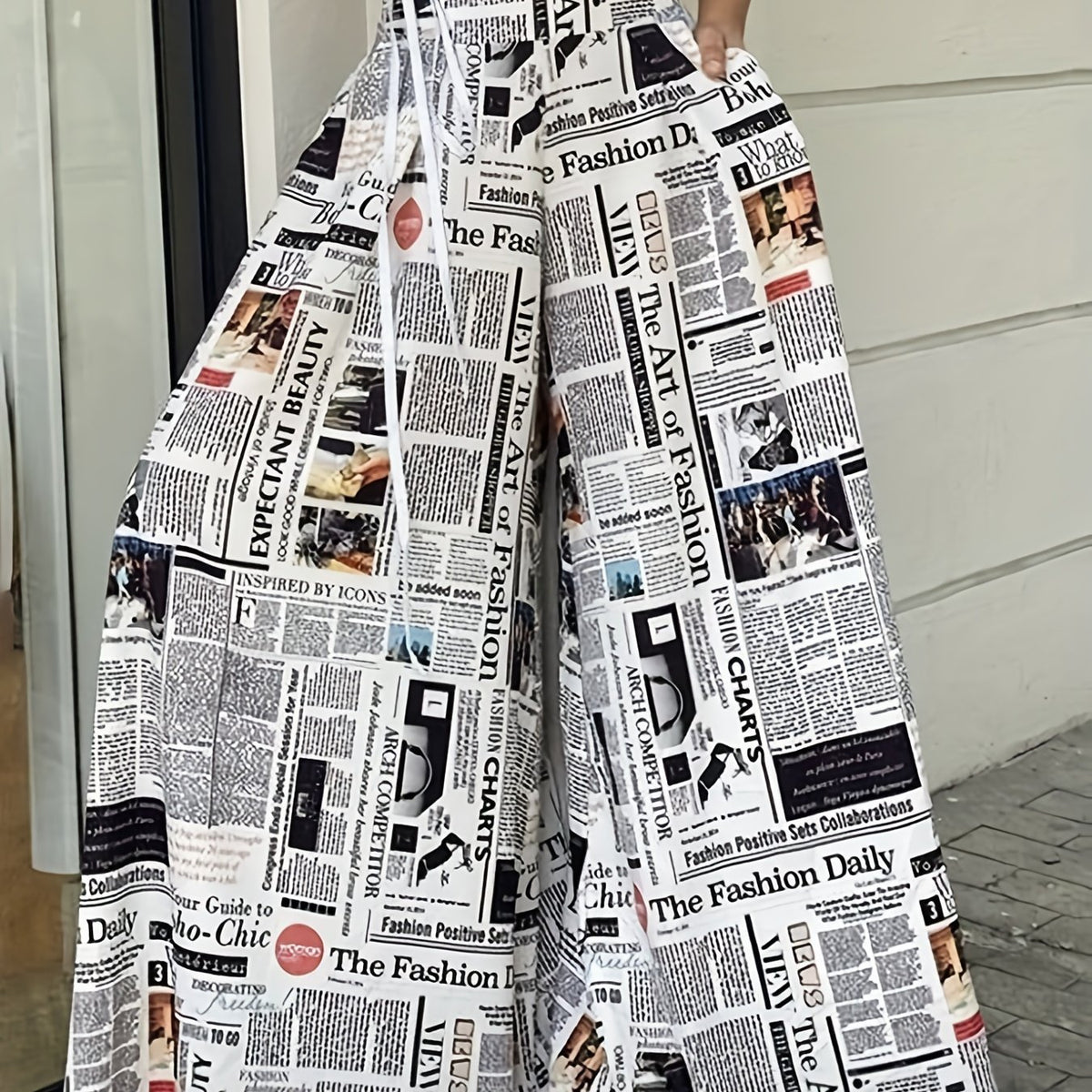  Newspaper Pattern High Waist Wide Leg Pants