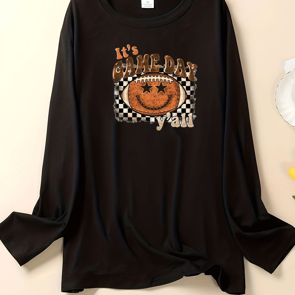  Checkered & Rugby Print Long Sleeve Lounge Top