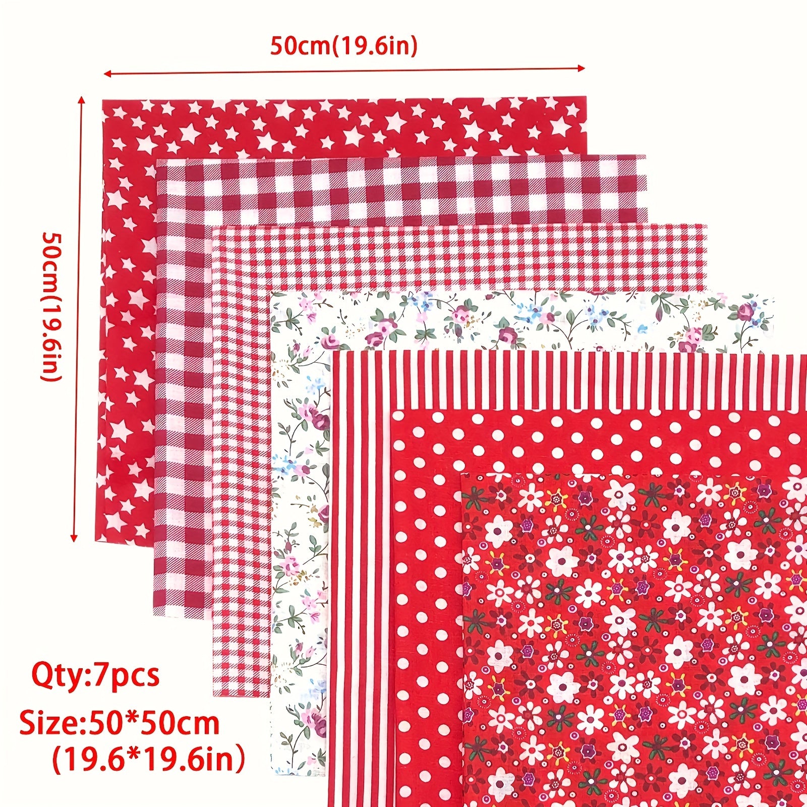 7pcs Red Floral Print Cotton Fat Quarters Sewing Quilting DIY