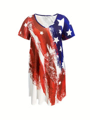  Independence Casual Dress Women's Plus Flag Print Short Sleeve V Neck