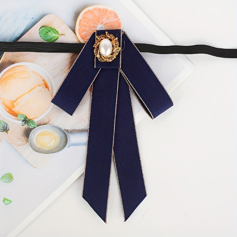 Classic Ribbon Bow Tie Faux Pearl Decor Bowknot Adjustable Neck Tie