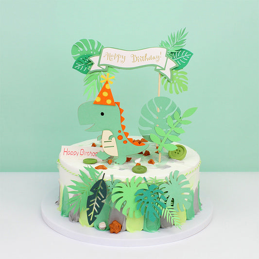 4pcs Dinosaur & Leaf Cake Topper - Green Birthday Christmas Halloween Gift