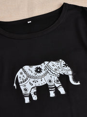 Elephant Print Pajamas Set Short Sleeve Crew Neck Top & Shorts & Pants