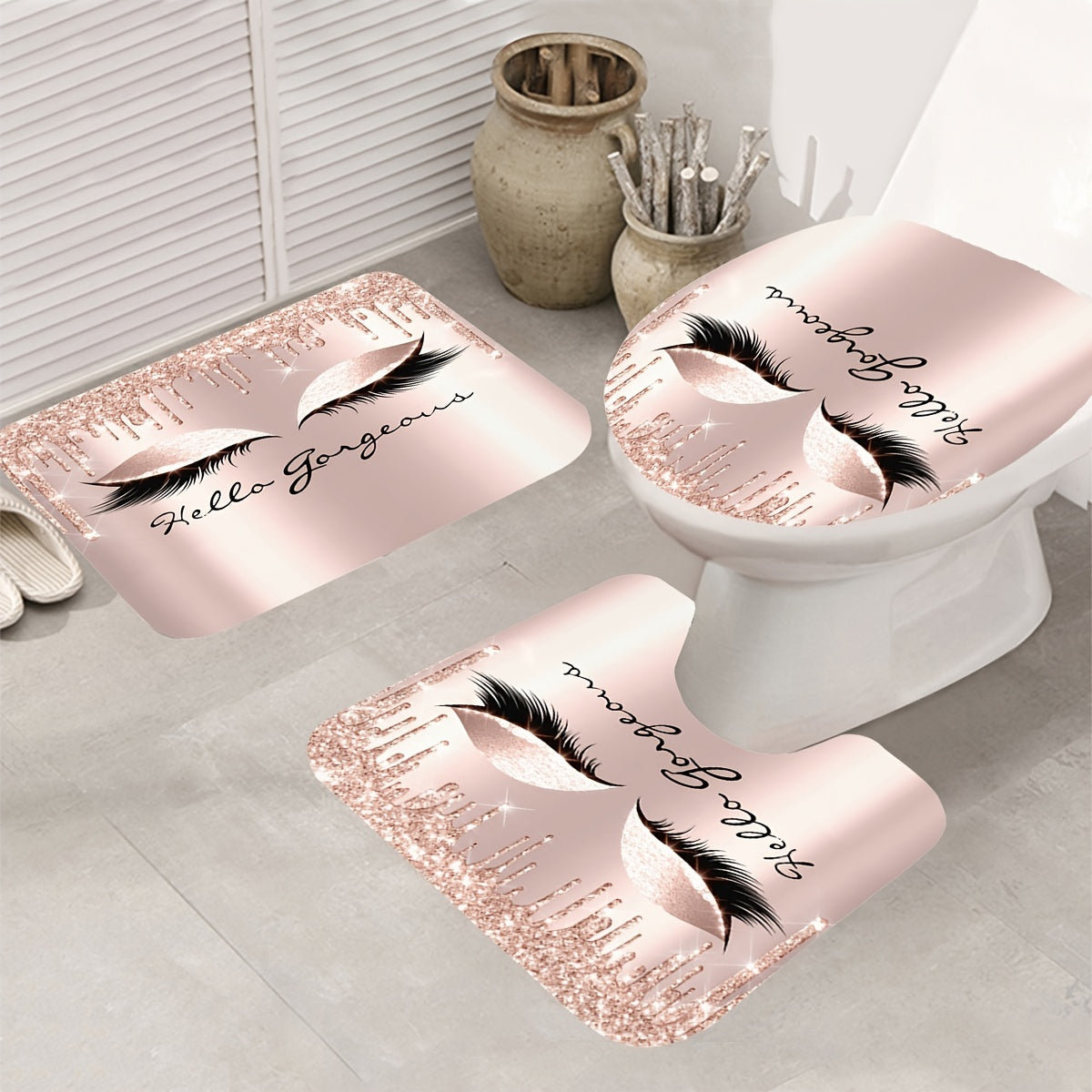 Glitter Eyelash Bathmat & Shower Curtain Set with 12 Hooks