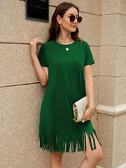  Solid Short Sleeve Casual Dress with Fringe Trim
