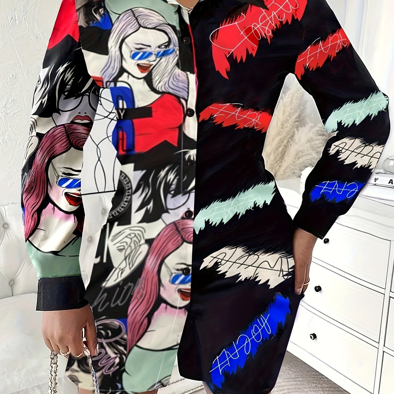 Pop Art Print Long Sleeve Button Up Shirt Top