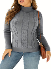  Casual Solid Jacquard Turtle Neck Stretch Sweater