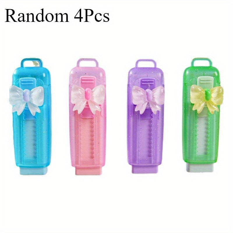 4pcs Push Pull Erasers with Pastel Bow - Non Toxic Rubber & ABS Construction