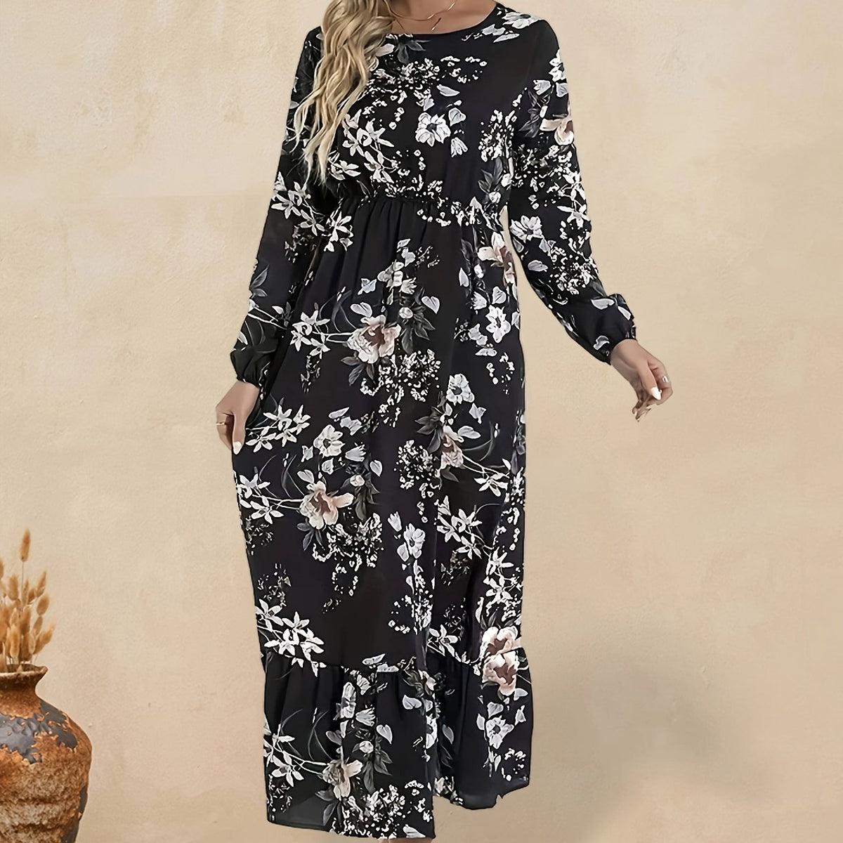  Boho Dress Floral Print Lantern Sleeve Ruffle Trim Maxi Dress