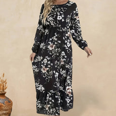 Boho Dress Floral Print Lantern Sleeve Ruffle Trim Maxi Dress