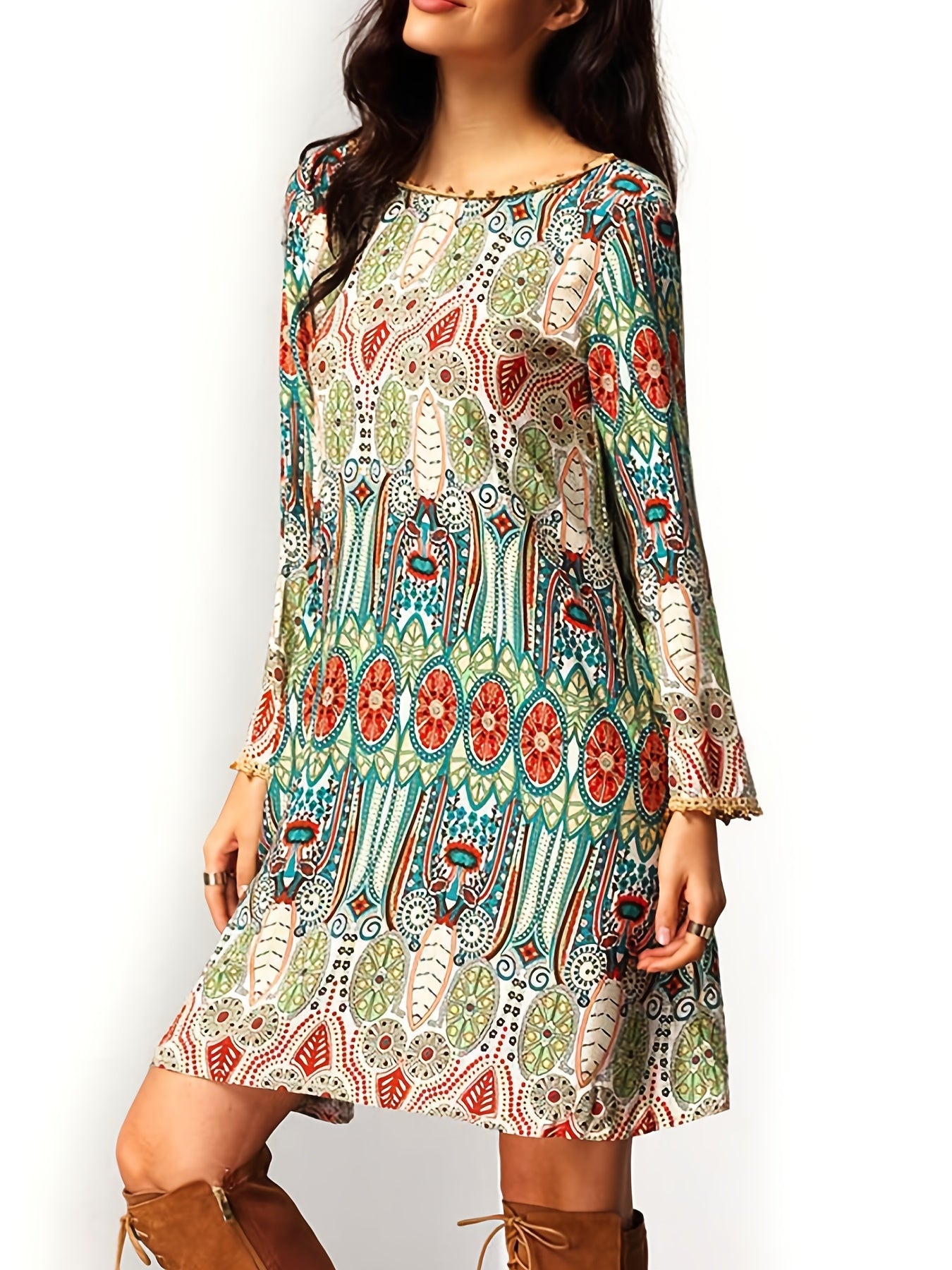 Women's Plus Allover Print Frill Trim Long Sleeve Round Neck Pleated Dress