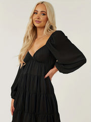  Lantern Sleeve Deep V Neck Maxi Dress