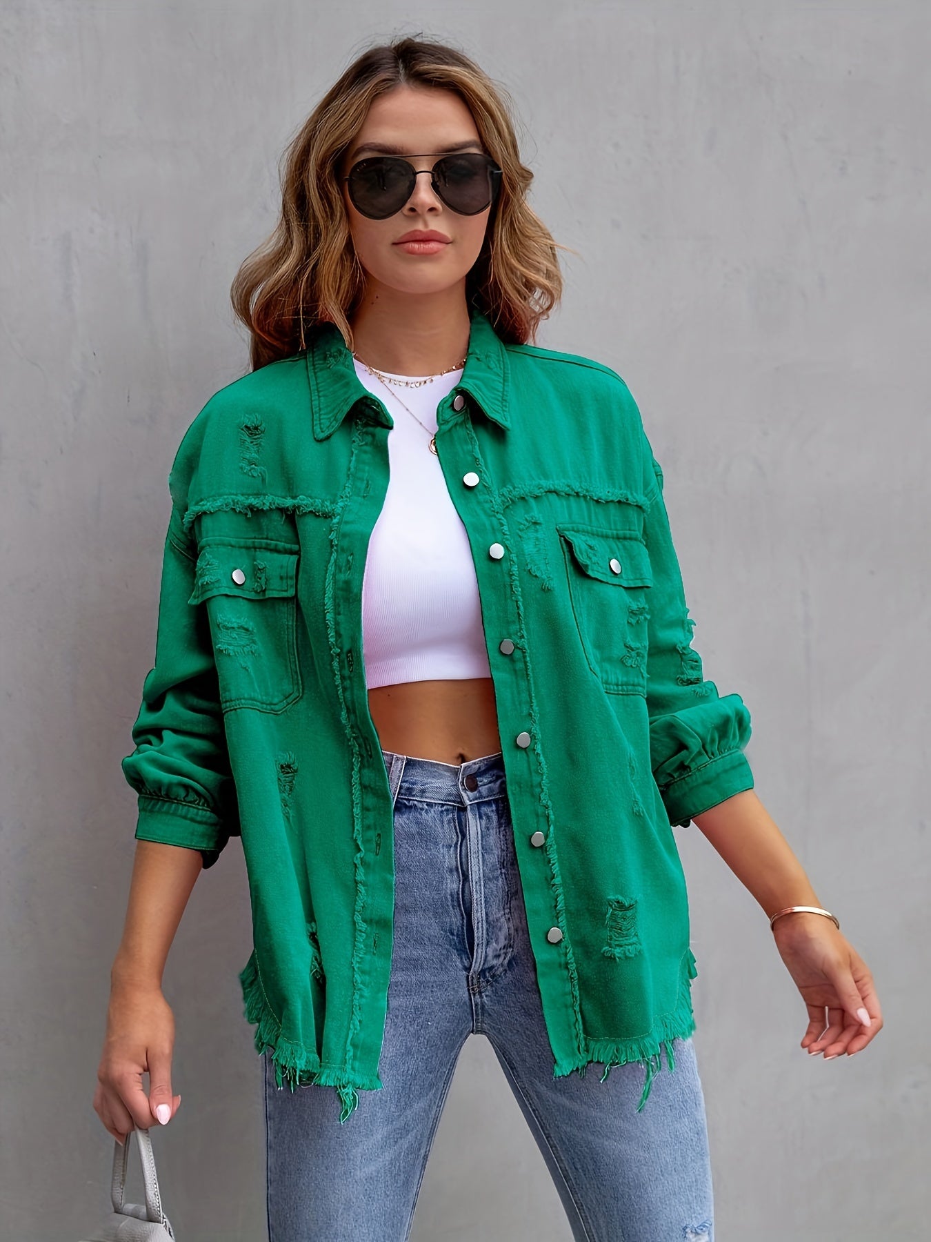 Solid Button Up Denim Jacket with Fringe Trim