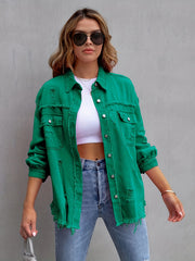  Solid Button Up Denim Jacket with Fringe Trim