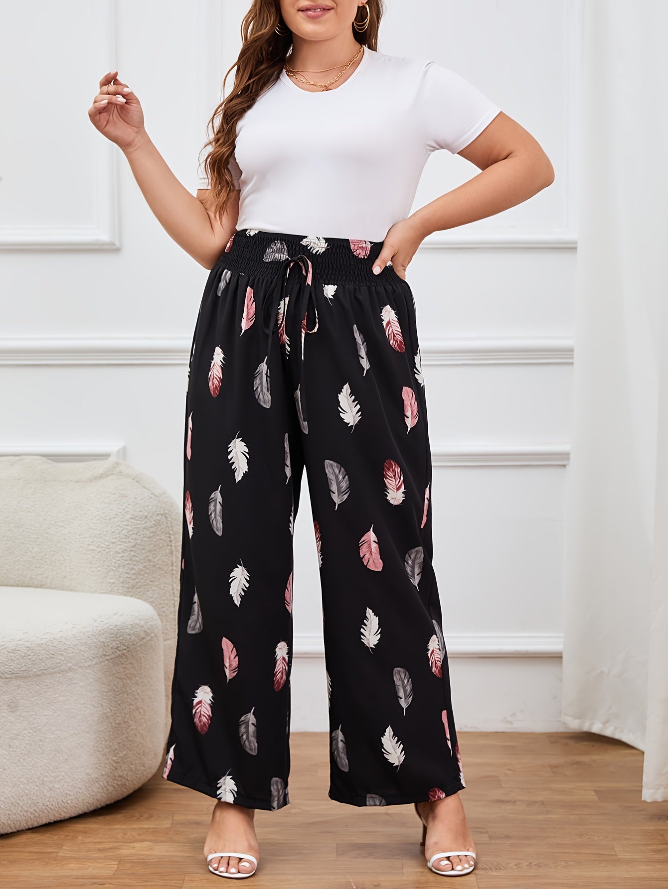  Feather Print Wide Leg Trousers