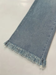  Solid High Rise Fringe Trim Flared Skinny Jeans