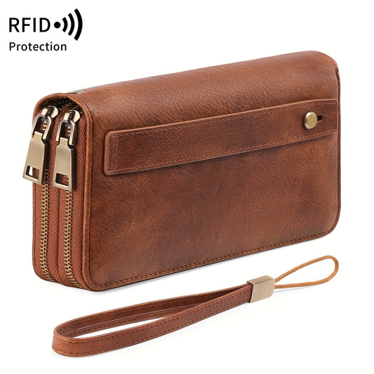 MIYIN RFID Blocking Zipper Wallet Vintage Brown Clutch with Wrist Strap