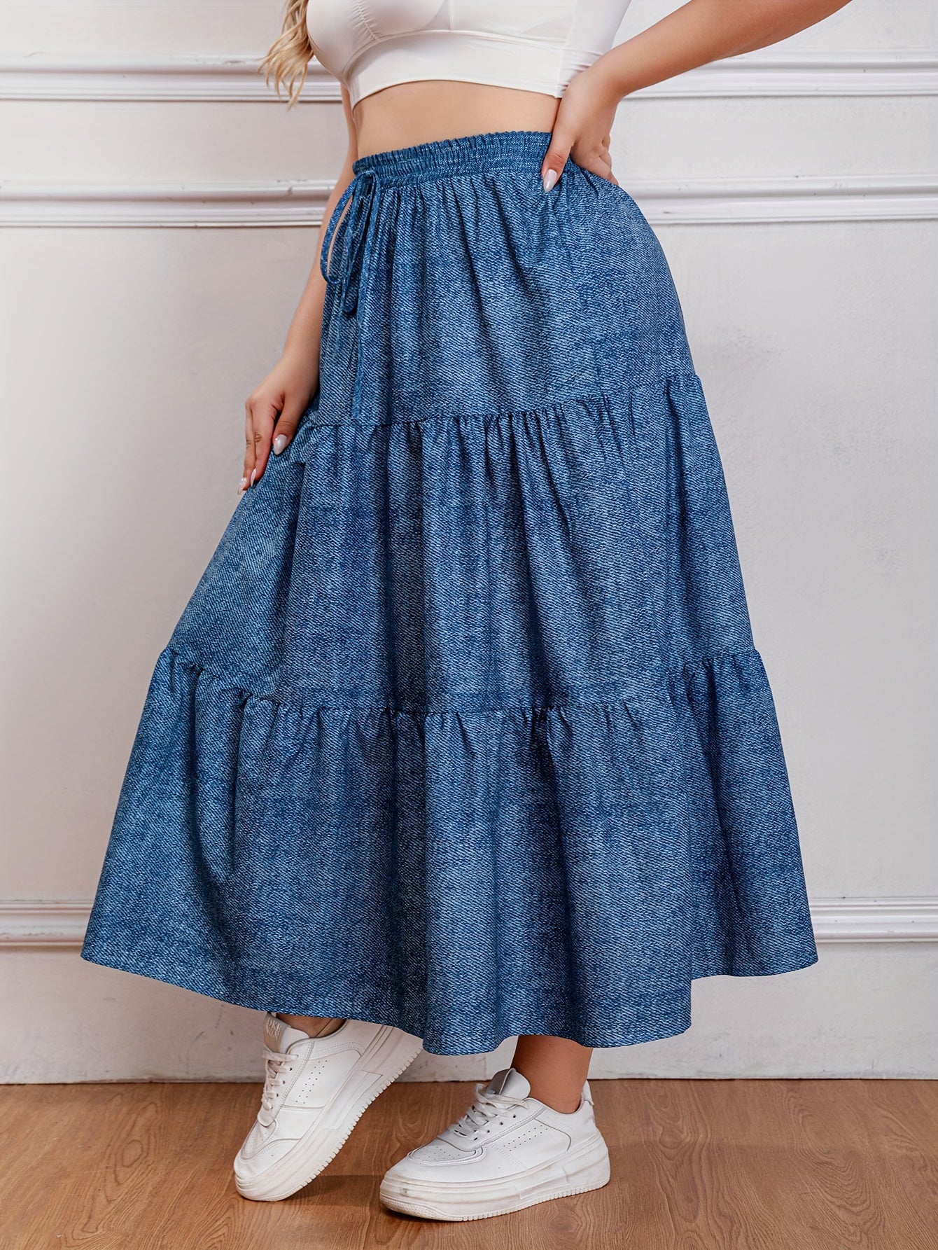  Casual Skirt Women's Plus Denim Print Drawstring Elastic High Rise