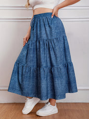  Casual Skirt Women's Plus Denim Print Drawstring Elastic High Rise