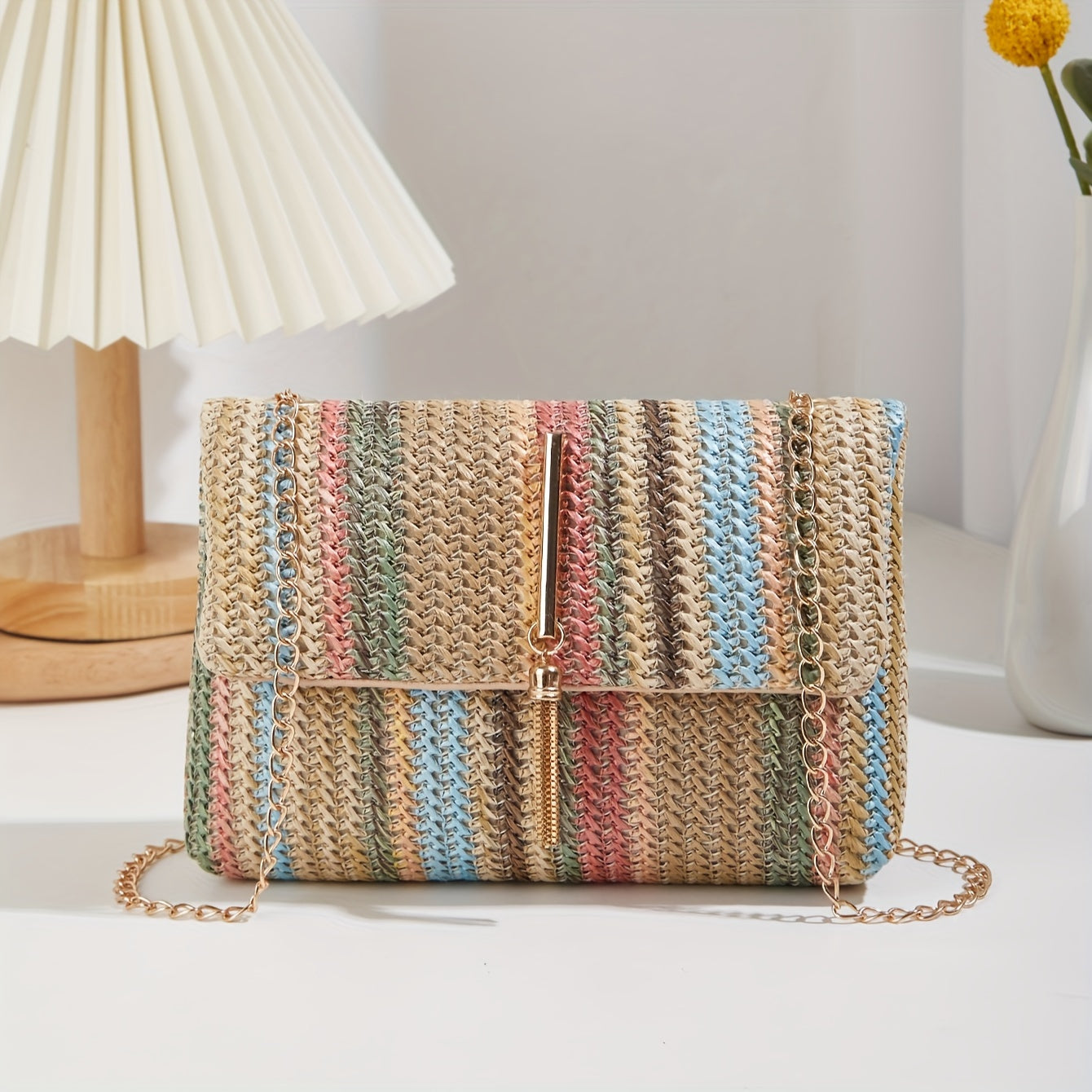 Boho Mini Shoulder Bag Colorful Striped Weave & Chain Strap