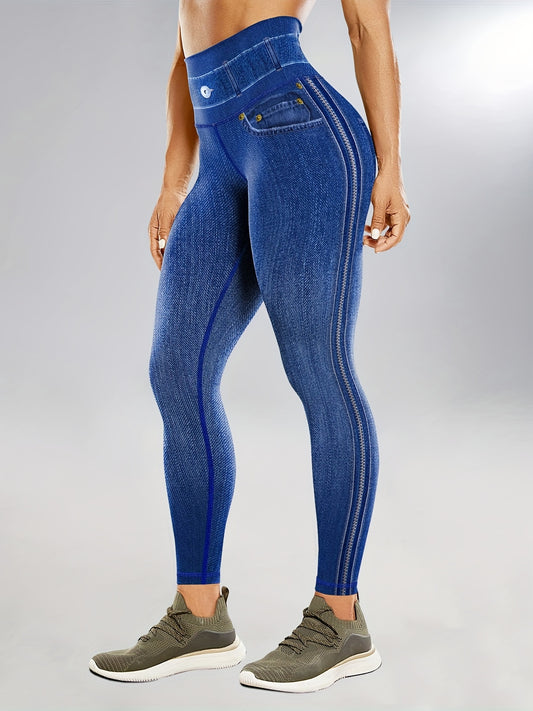 Faux Denim Print Yoga Leggings High Waist Butt Lifting Tummy Control