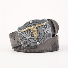 Men's Leather Belt Retro Embossed Western Cowboy Buckle Punk Style Belt