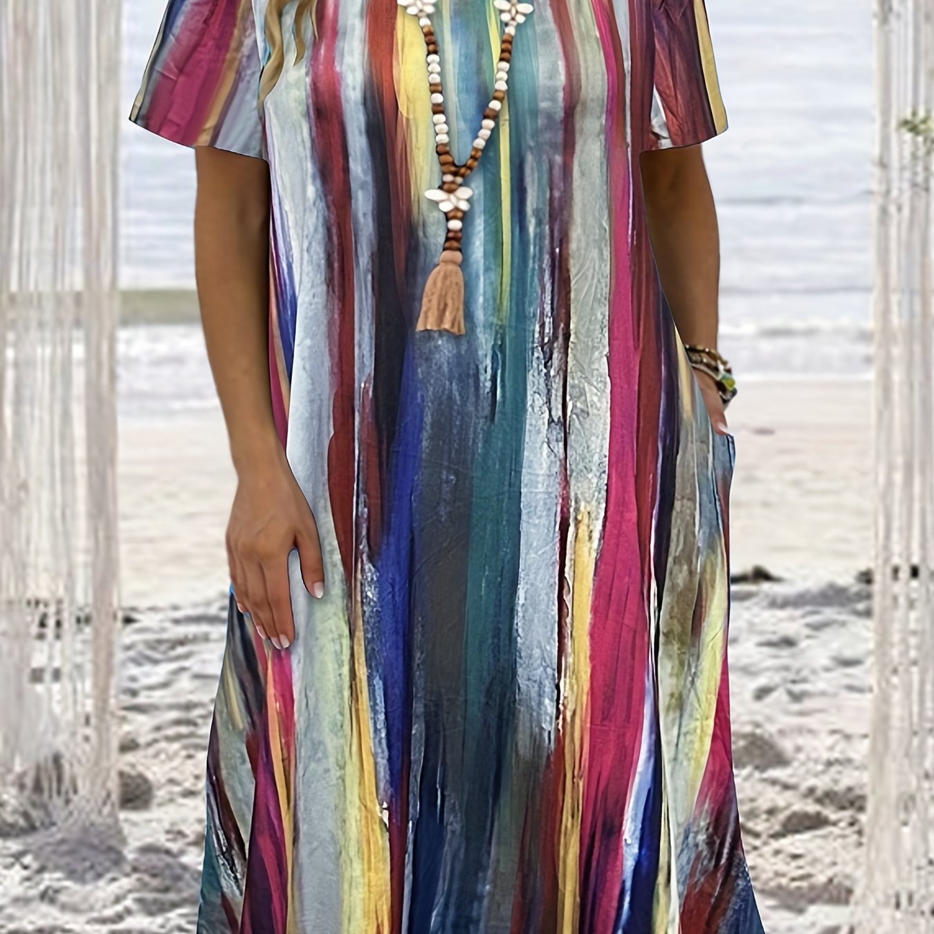  Colorblock Stripe Print Short Sleeve Dress With Pockets