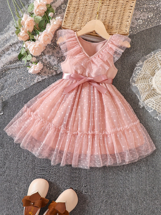Girls' Dots Print V Neck Tulle Princess Dress