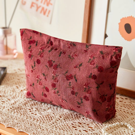 Vintage Rose Corduroy Makeup Bag For Purse Zipper Cosmetic Pouch