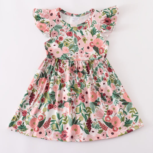 Girls Ruffled Sleeve Floral Print Dress Kids Summer Dress