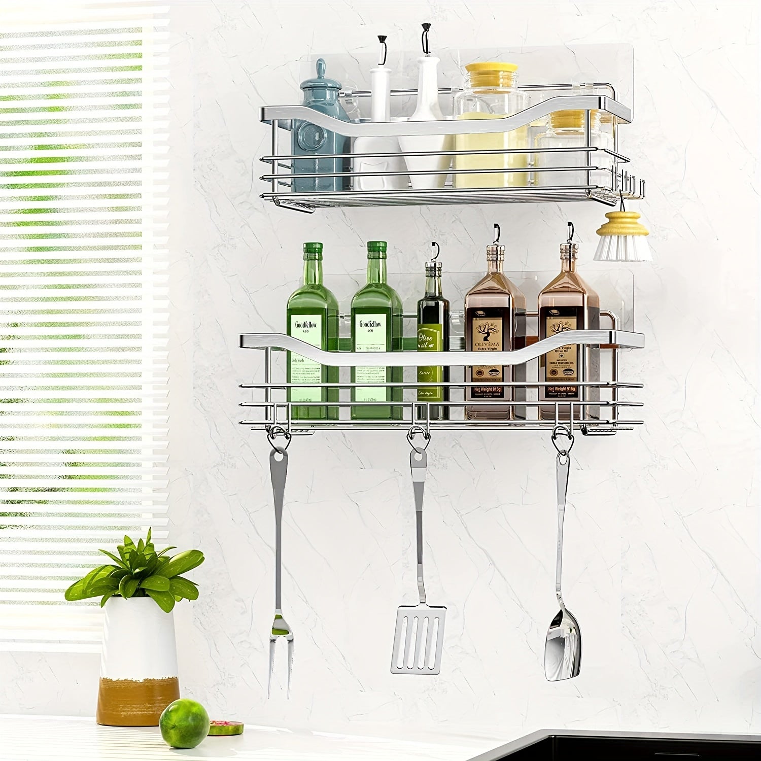 Adhesive Shower Caddy Shelf Hooks Organizer Storage Rack Wall Mounted