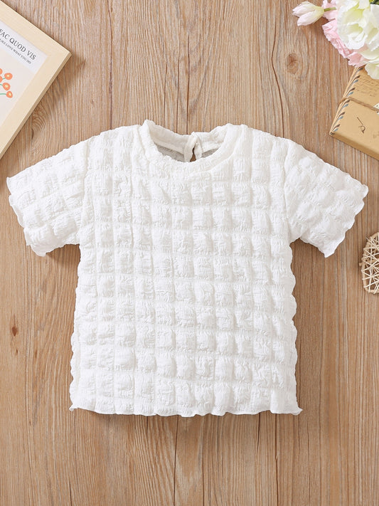 Girls Summer Frilled Trim Puff Blouse Round Neck Short Sleeved T-Shirt