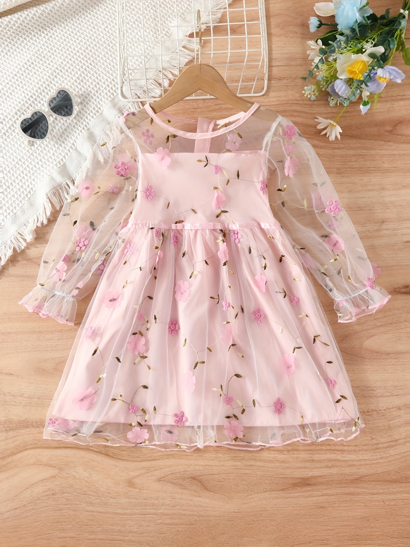 Girls Long Sleeve Flower Mesh Dress Sweet Princess Summer