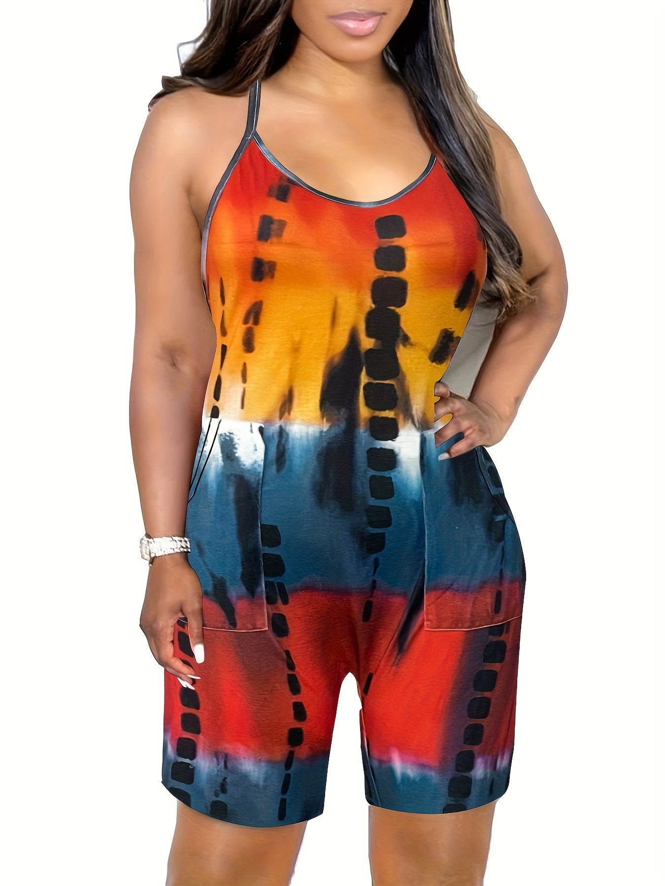 Tie Dye Dual Pockets Romper Jumpsuit Casual Sleeveless Comfy
