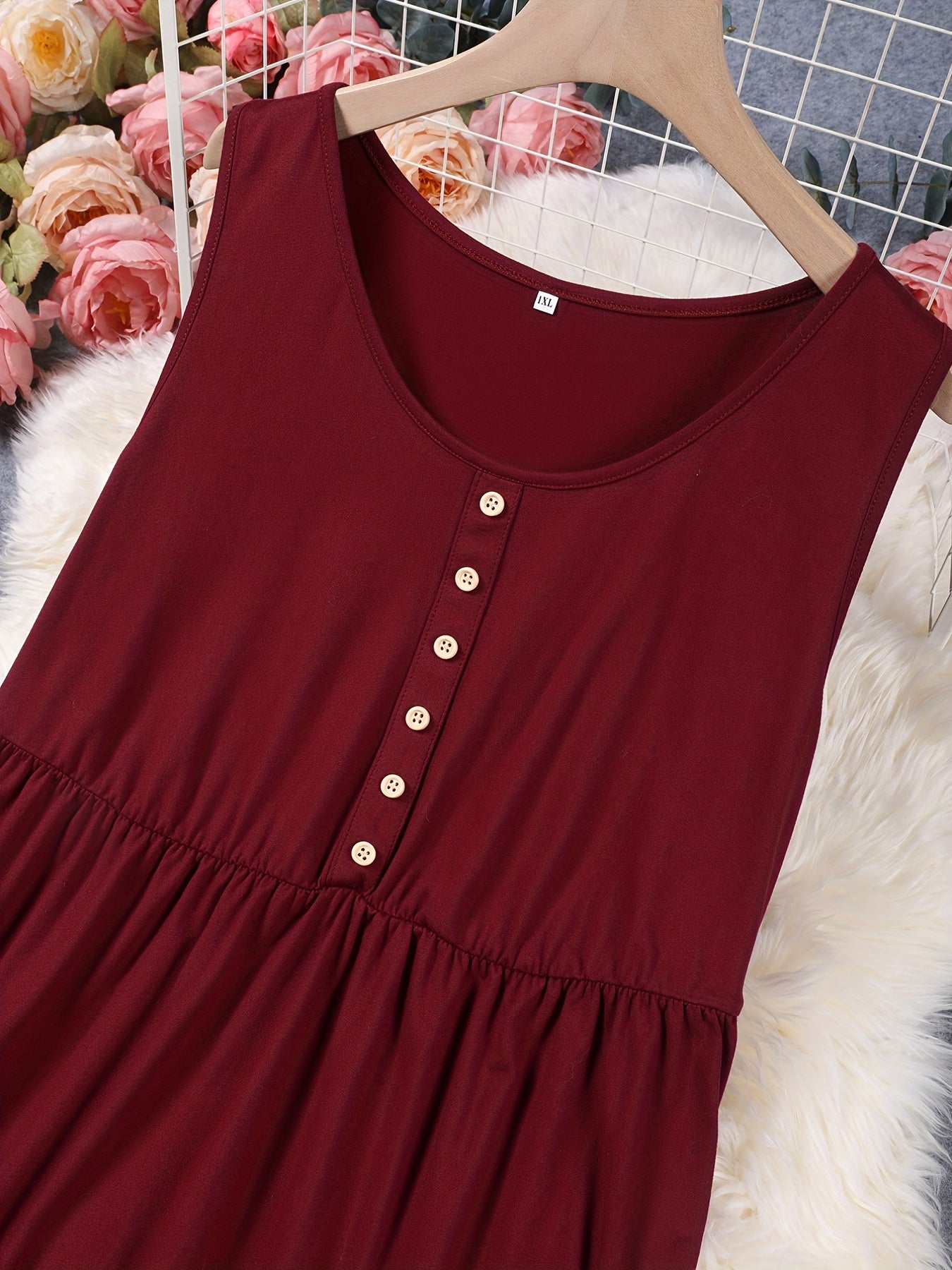  Casual Tank Dress Women's Plus Button Decor Sleeveless Smock Dress