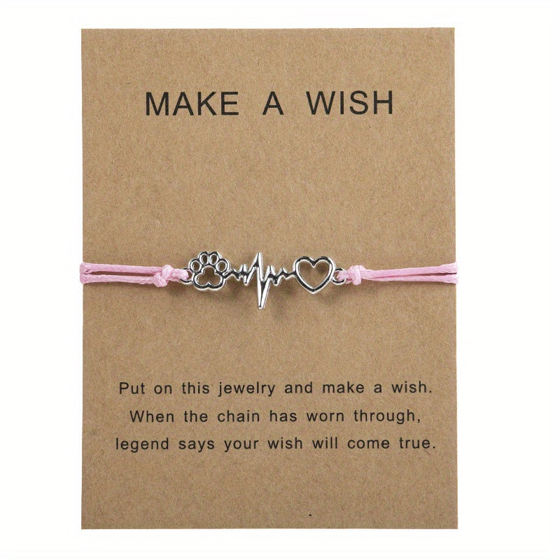 Dog Paw & Love Heart Bracelet Adjustable Rope Hand Jewelry