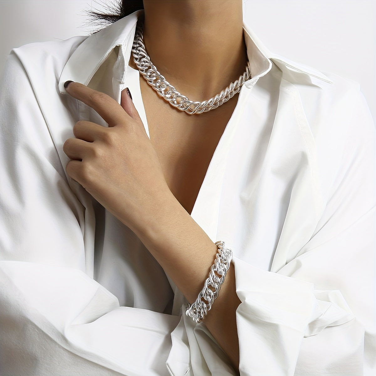 2pc Women's O Chain Metal Bracelet Necklace Set