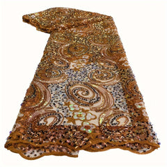 Orange French Embroidery Sequins Lace Fabric African Mesh Lace Fabric