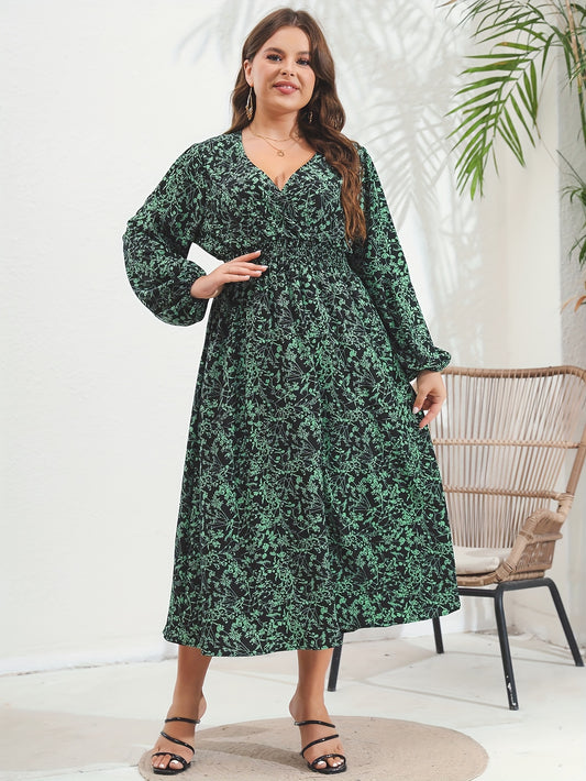 Women's Plus Ditsy Print Long Sleeve V Neck Nipped Waist Dress