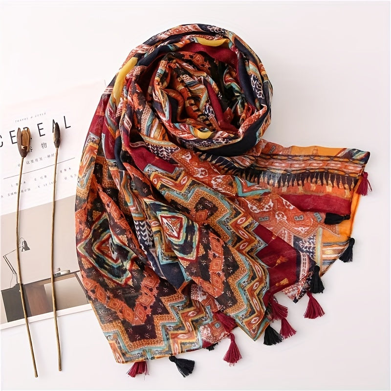 Boho Colorful Fringed Scarf Geometric Printed Sunscreen Shawl