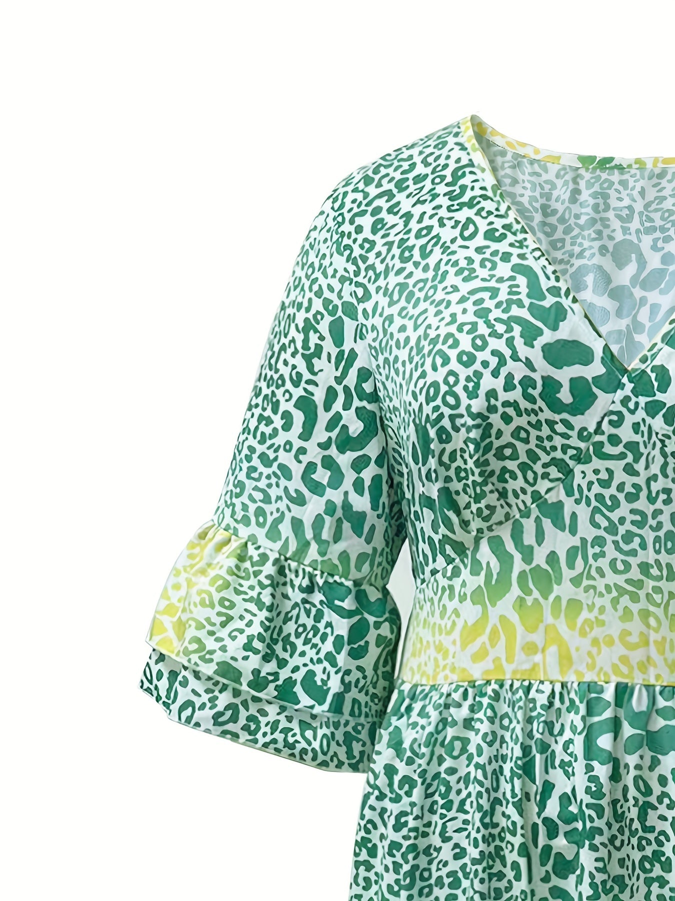  Colorblock Leopard Print Bell Sleeve V Neck Maxi Dress