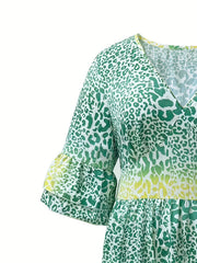  Colorblock Leopard Print Bell Sleeve V Neck Maxi Dress