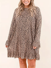  Leopard Print Ruffle Trim Flounce Sleeve Dress