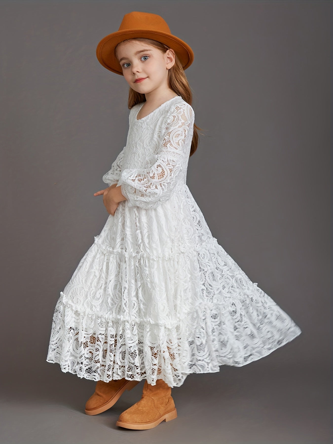Girls Lace Puff Sleeve Flower Girl Dress Princess Dress