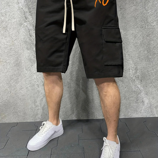 XO Pattern Comfy Shorts Men's Solid Knee Elastic Waist Drawstring Shorts
